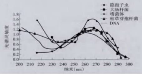 不同生物在最高吸收灵敏度所对应的紫外波长
